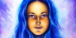 woman goddess with long blue hair and white light, spiritual blue eye, eye contact.